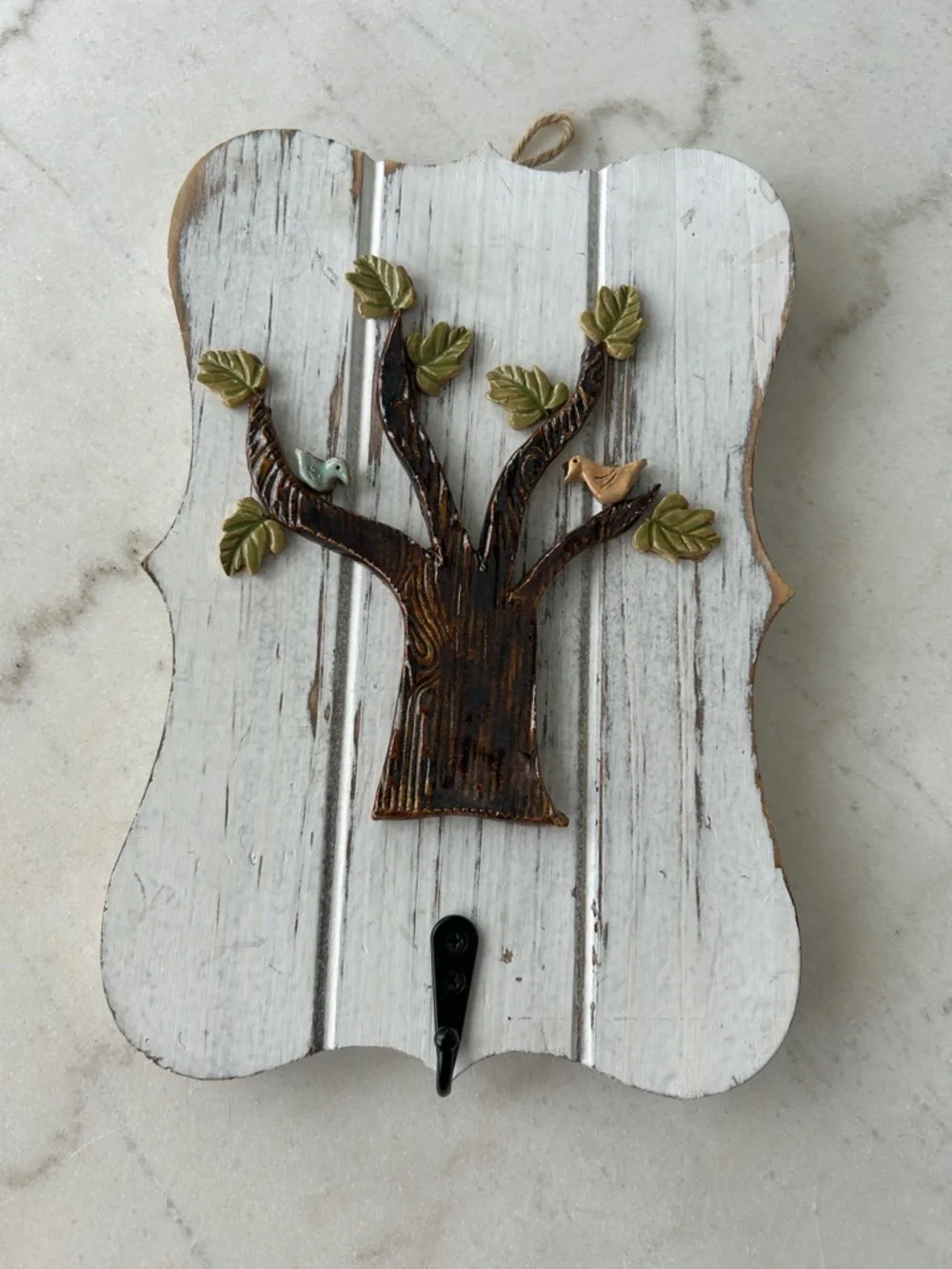 Rustic Tree Wall Hook with Green Leaves and Birds - Home Wall Decor